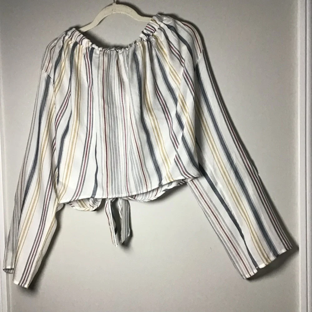 Free People multi colored stripe Tie-Front blouse Button Shirt pocket XL